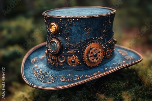 vintage steampunk top hat with brass gears and copper details, victorian gothic fashion accessory decorated with mechanical elements photo