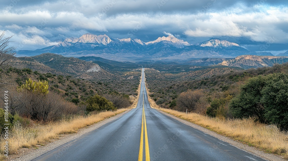 Fototapeta premium Endless Road to Majestic Mountains: A Scenic Drive Through the Desert