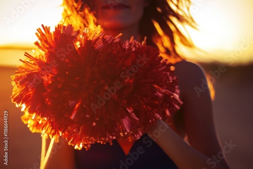 A woman holds a red pom pom in front of a beautiful sunset