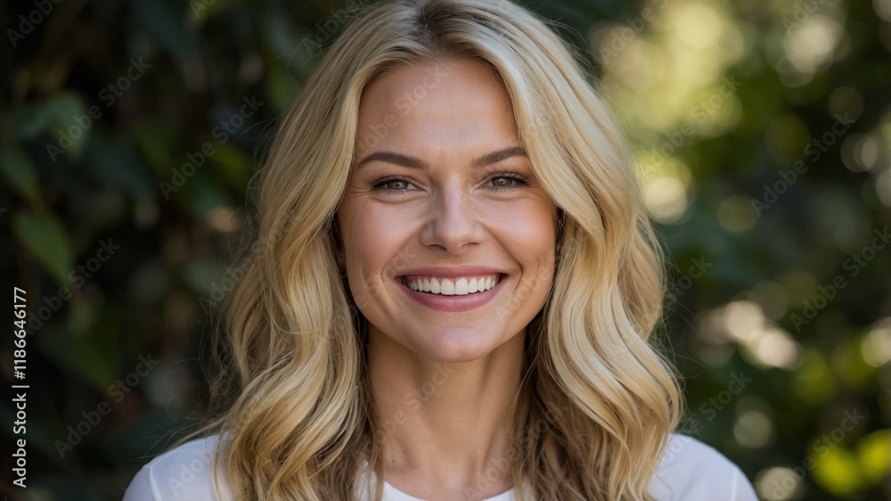 A woman with long, wavy blonde hair and a bright smile A woman with long, wavy blonde hair and a bright smile