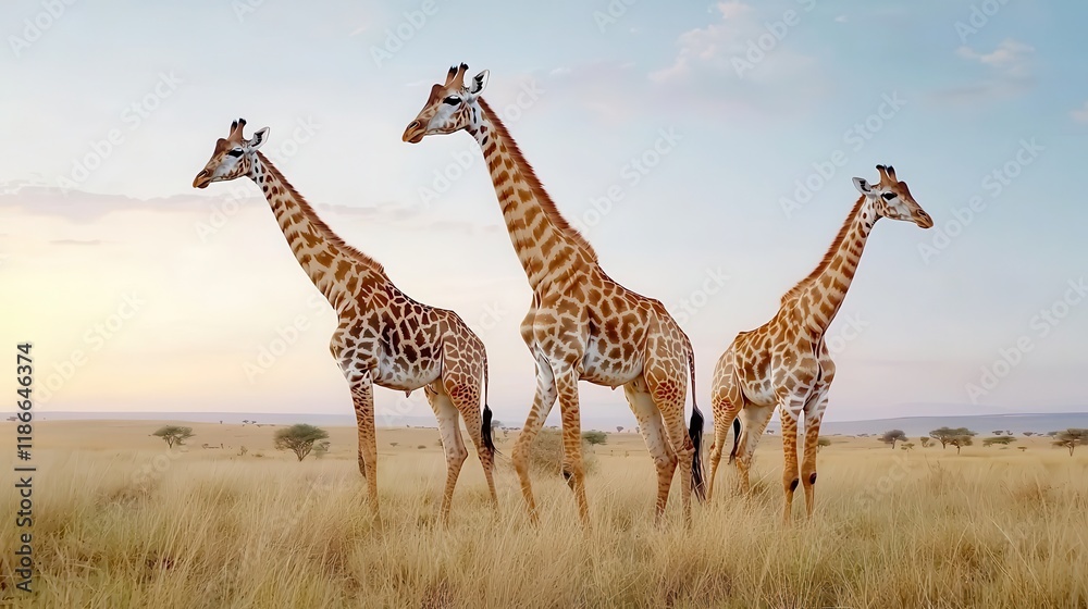 Obraz premium Wildlife safaris showcase wild animals and stunning sunset views. Three giraffes standing in golden grassland at sunset.