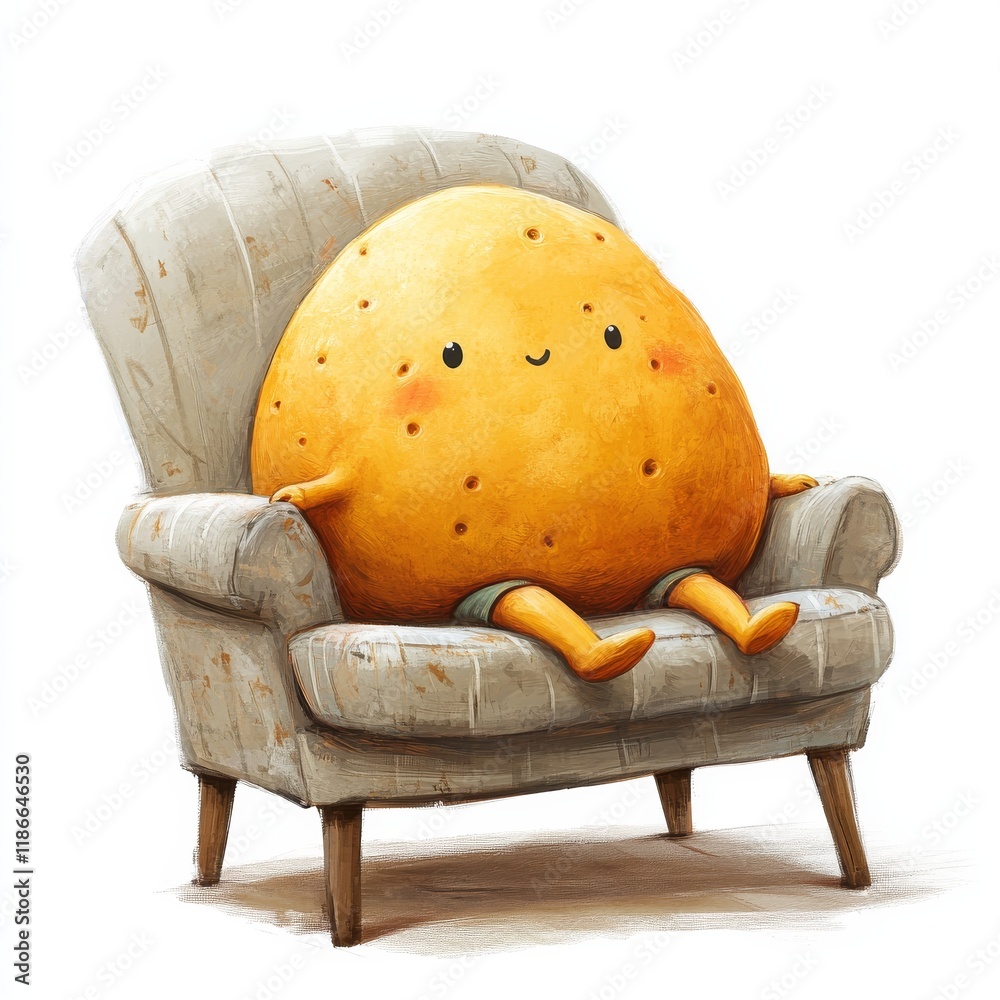 A lazy character on a couch looking like a potato , illustration for kids , white background