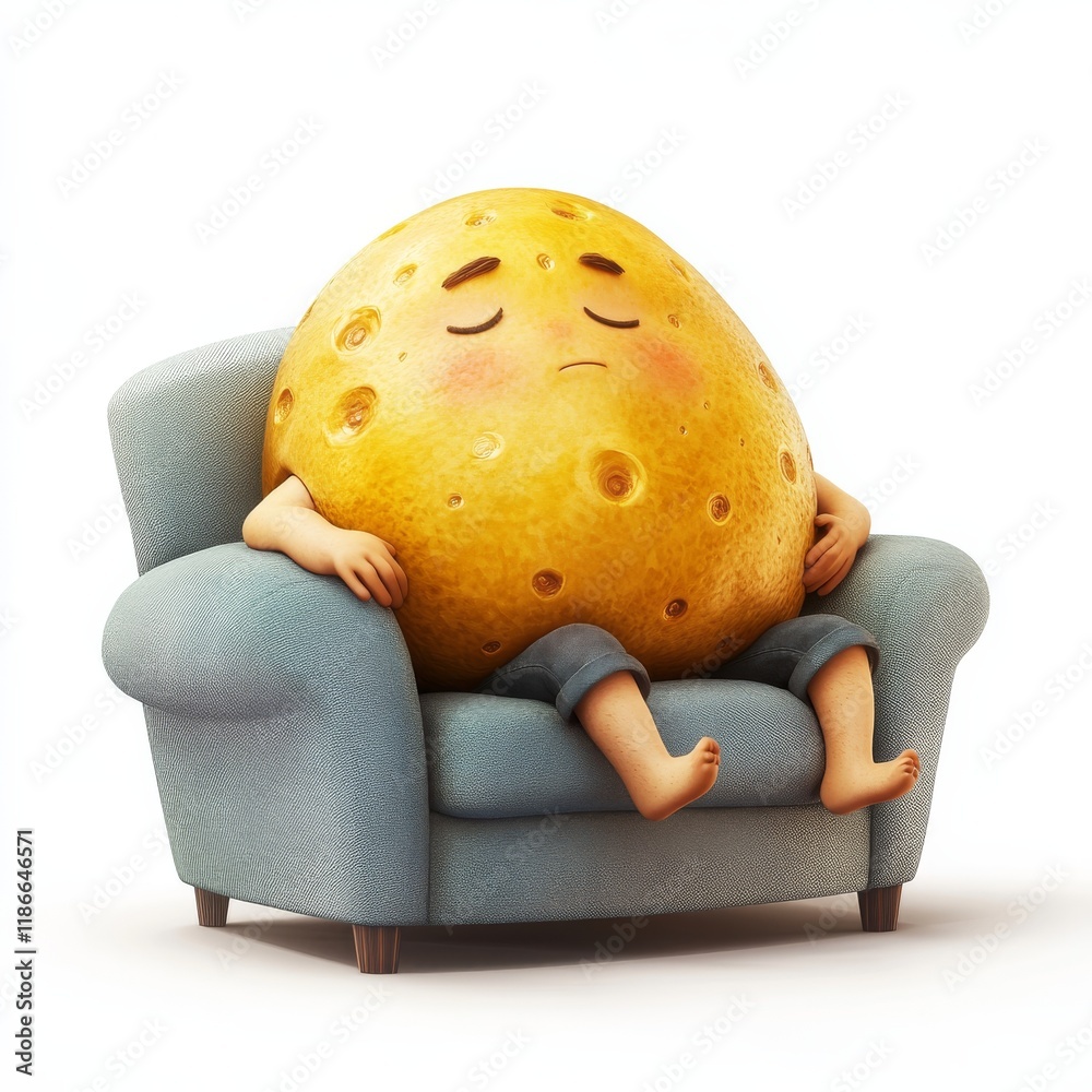 A lazy character on a couch looking like a potato , illustration for kids , white background