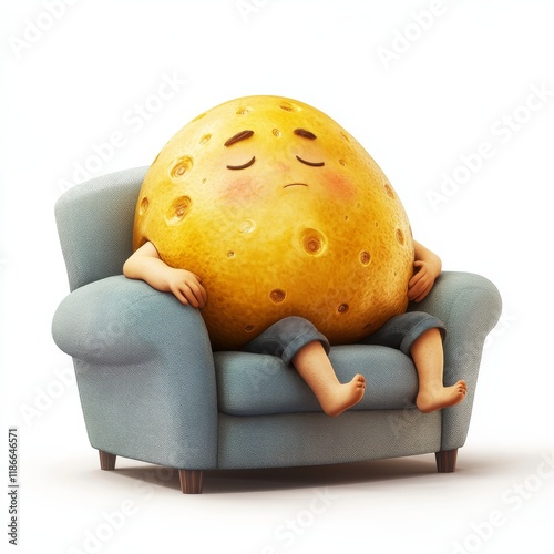 A lazy character on a couch looking like a potato , illustration for kids , white background photo