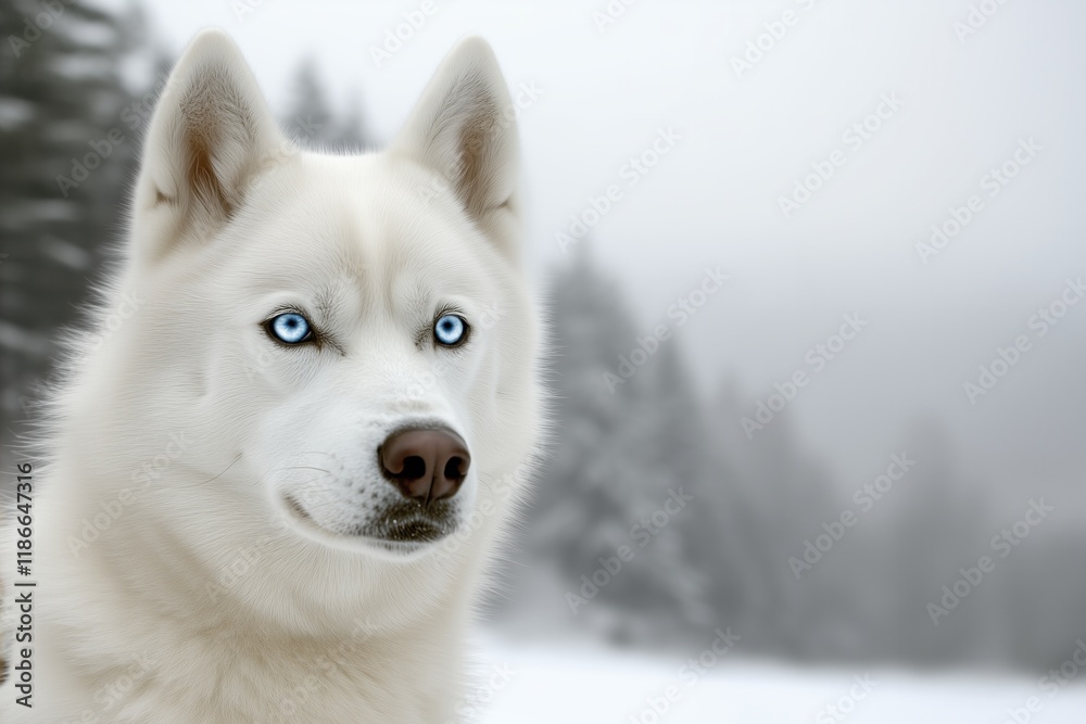 Obraz premium White siberian husky dog looking away in snowy forest