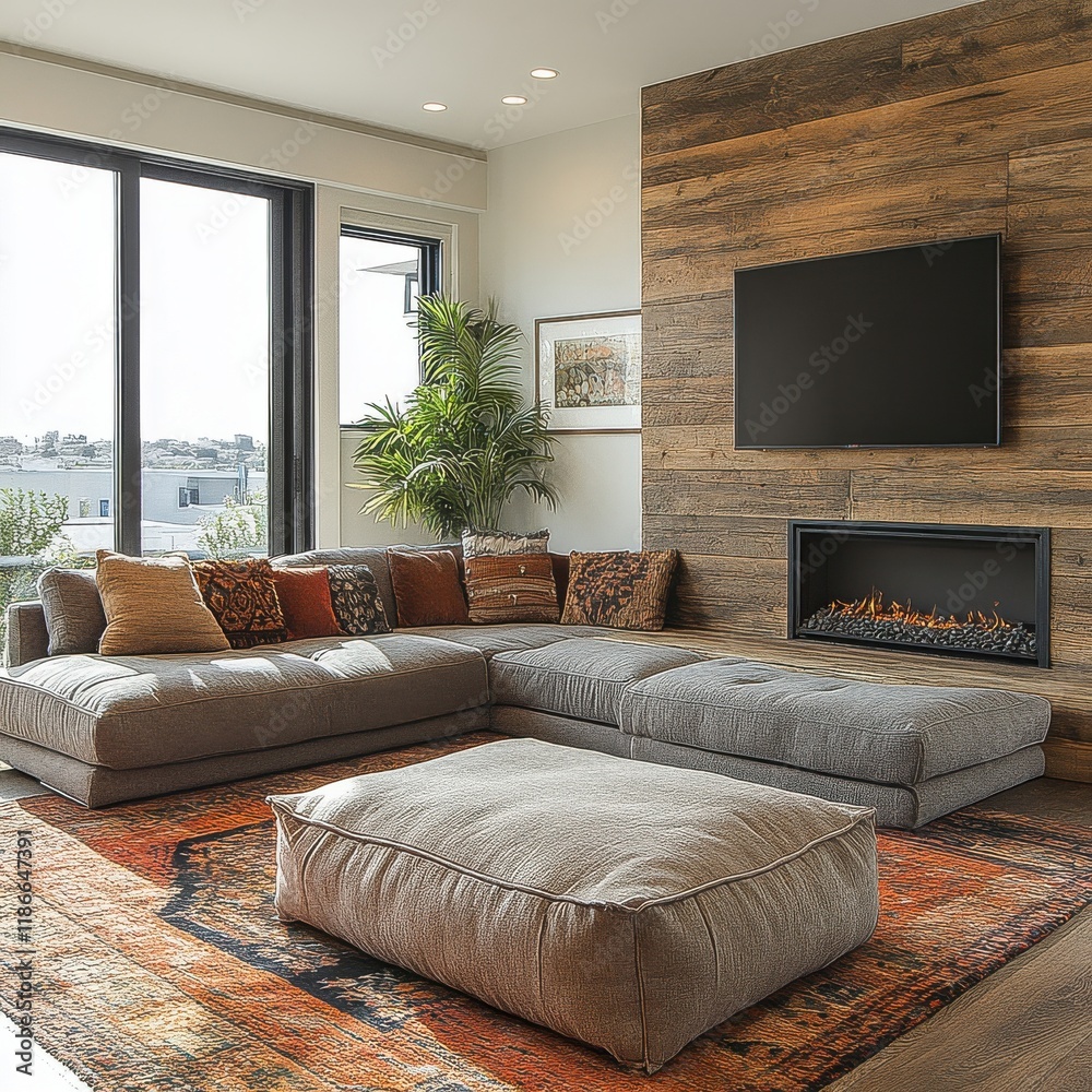 Fototapeta premium [Modern living room with flatscreen TV and leather couches] Cozy Modern Living Room with Flat-Screen TV, Brown Leather Sofas, Dark Wood Ceiling and Fireplace - Contemporary Interior Design