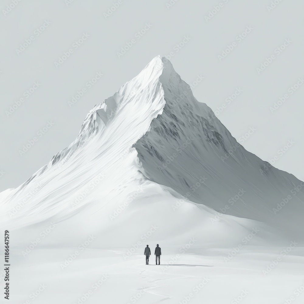 A minimalist and enigmatic illustration with hyper-realistic details of an immense mountain in the middle of a snowy landscape, seen from a great distance by two small figures