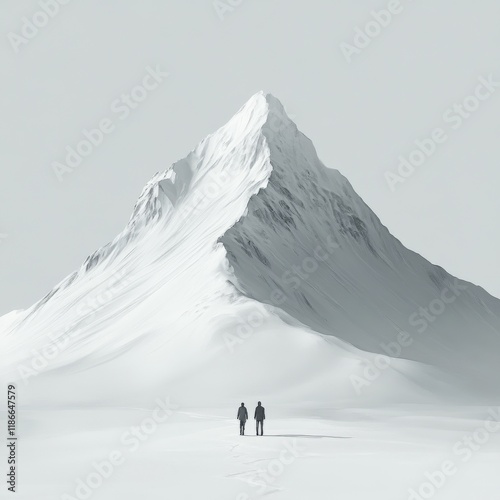 Obraz na płótnie A minimalist and enigmatic illustration with hyper-realistic details of an immense mountain in the middle of a snowy landscape, seen from a great distance by two small figures w salonie