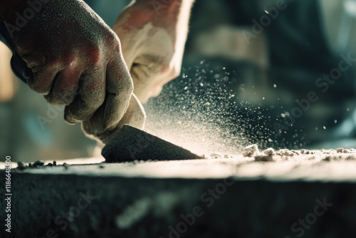 A person uses a hammer to cut a piece of wood, illustration for DIY or craftsmanship theme photo