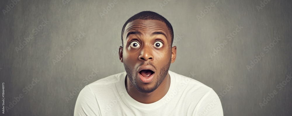 Young man, surprised expression, casual white t shirt, dark skin tone, gray background Engaging and lively demeanor, showcasing a moment of curiosity and ... Young man, surprised expression, casual white t shirt, dark skin tone, gray background Engaging and lively demeanor, showcasing a moment of curiosity and ...