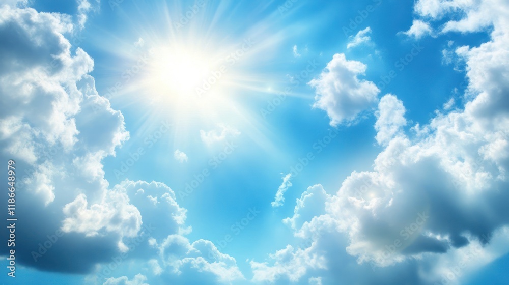 Bright sun shining through fluffy white clouds in a vivid blue sky. (1) Bright sun shining through fluffy white clouds in a vivid blue sky. (1)