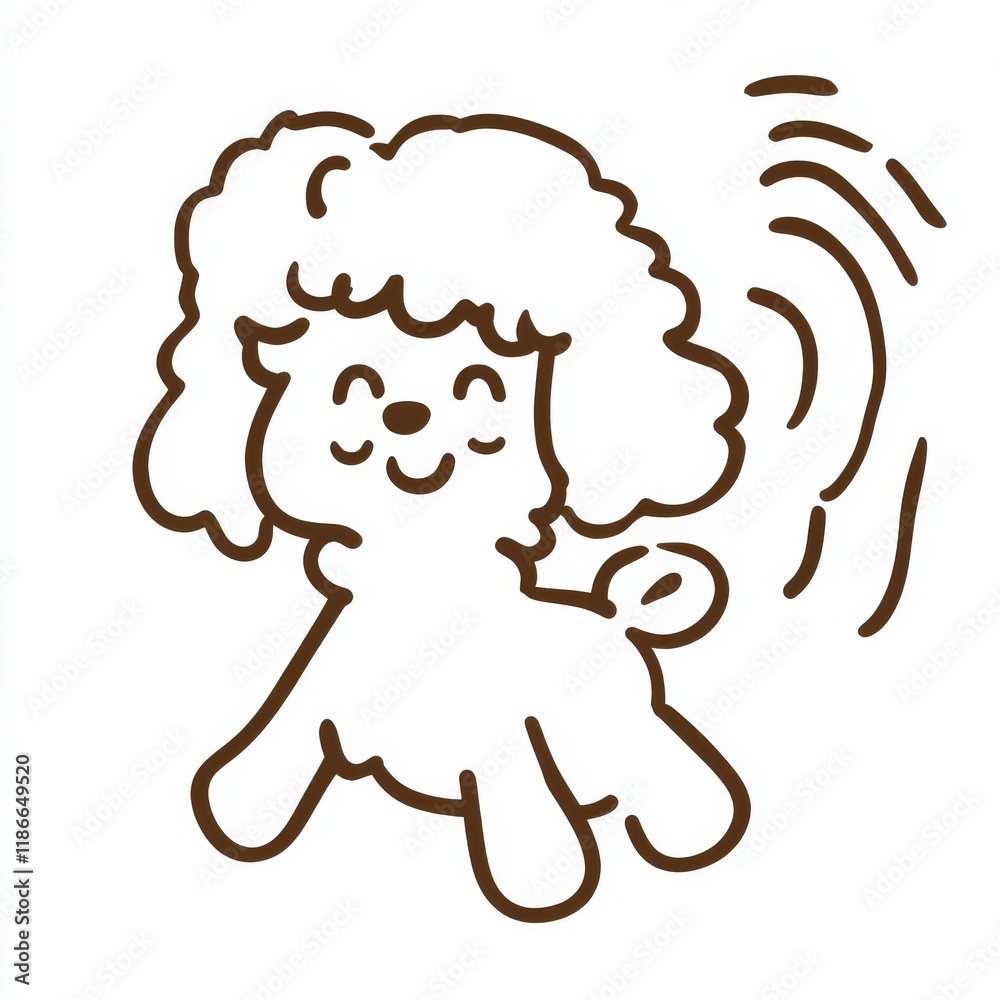 A simple line drawing of an anthropomorphic dog, a poodle with ears and fur fluttering in the wind, a brown outline showing a lively and cute atmosphere, simple but full of childish charm