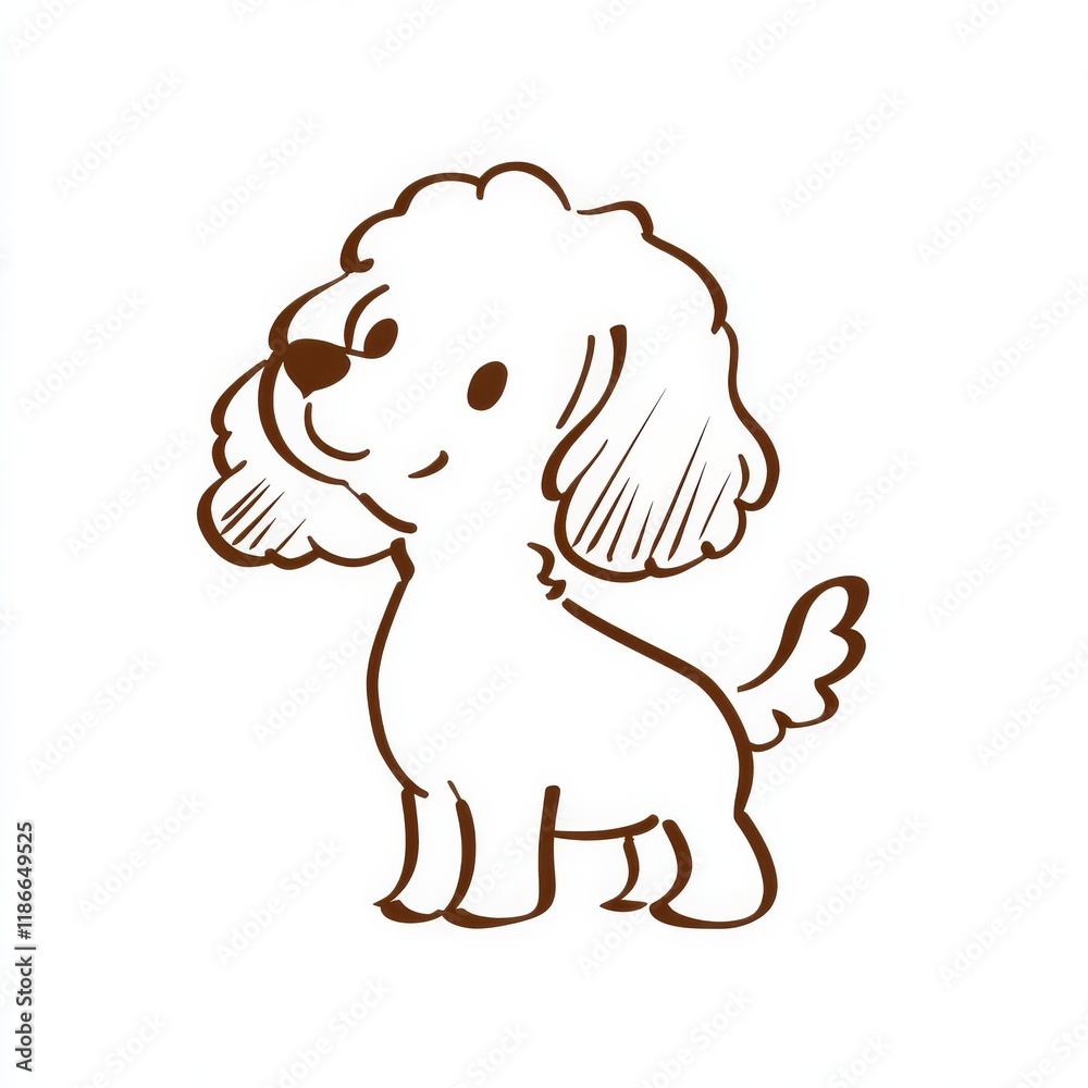 Fototapeta premium A simple line drawing of an anthropomorphic dog, a poodle with ears and fur fluttering in the wind, a brown outline showing a lively and cute atmosphere, simple but full of childish charm
