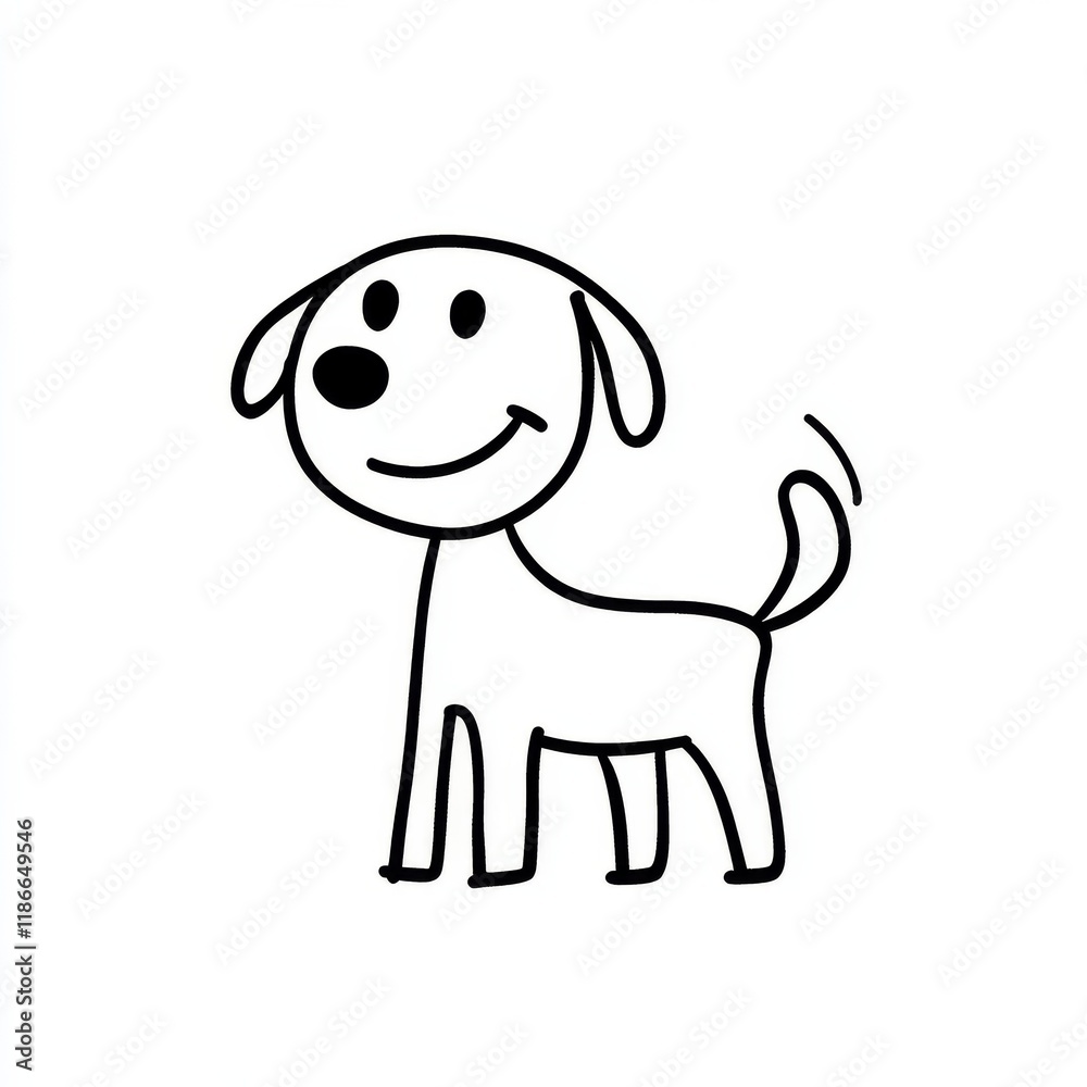 A simple line drawing of one stick figures dog, standing on a white background