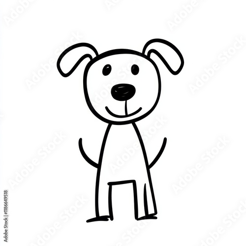 A simple line drawing of one stick figures dog, standing on a white background
