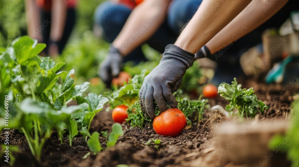 Fototapeta premium Harvesting Tomatoes: Hands in black gloves carefully pick ripe red tomatoes from a lush vegetable garden, showcasing the fruits of labor and the bounty of nature.