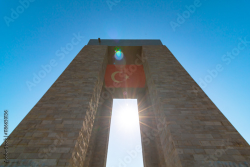 Canakkale Martyrs' Memorial or Canakkale Sehitleri Aniti with Turkish Flag photo