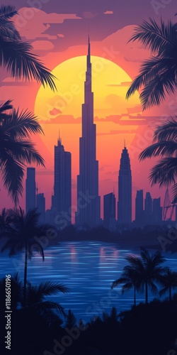 Dubai skyline looking towards the burj al khalifa, a vintage carton poster with a retro feel and soft dark color palette  photo