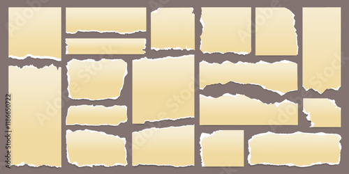 Collection of retro torn paper strip, ripped notebook page, newspaper cut piece, sticky note sheet, text message banner background and scrap wrinkled sticker with grunge texture, rip edge and shadow.