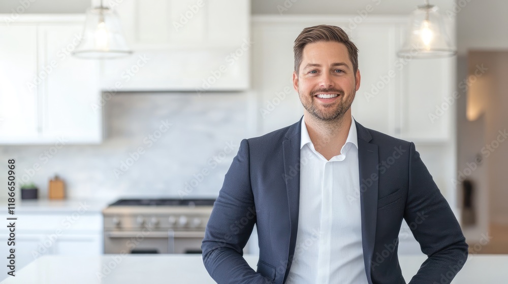 Smiling businessman in modern kitchen. Smiling businessman in modern kitchen.