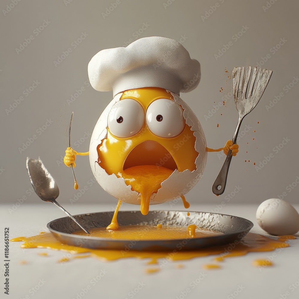 An image of an egg, like a cartoon with a chef hat, has eyes and a smirk on the face, has 2 hands botl holding some cooking tools like a spoon or a spatula is cooking another egg which is broken...