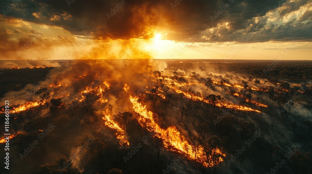 A dramatic sunset illuminates a vast landscape engulfed in flames, highlighting the destructive impact of wildfires on nature. A dramatic sunset illuminates a vast landscape engulfed in flames, highlighting the destructive impact of wildfires on nature.