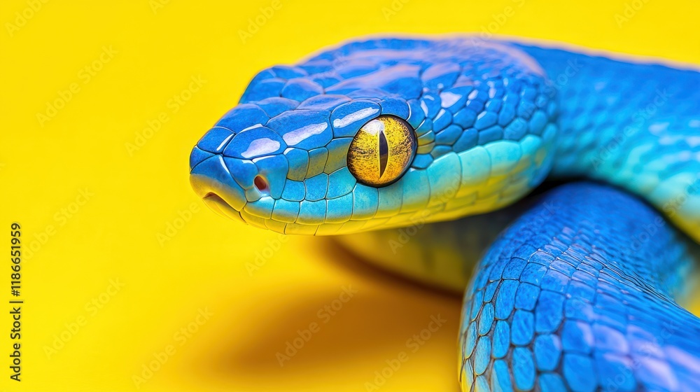 Close-up of a vibrant blue snake with yellow eyes on a yellow background. (1) Close-up of a vibrant blue snake with yellow eyes on a yellow background. (1)