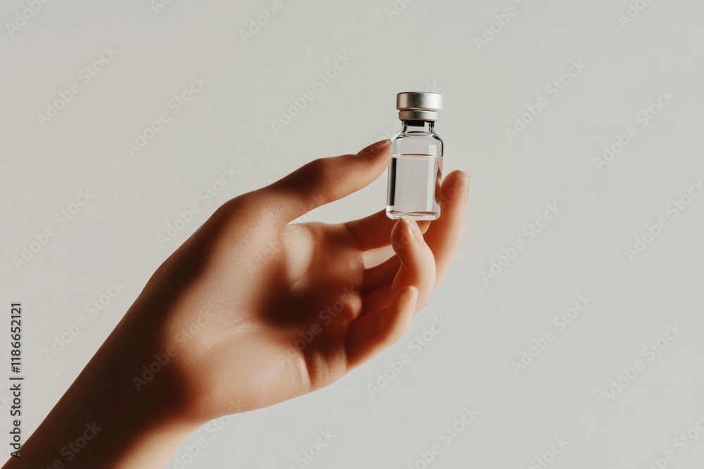 A person holds a small bottle of liquid, suitable for use in medical or scientific settings A person holds a small bottle of liquid, suitable for use in medical or scientific settings