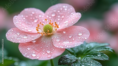 Pink flower with raindrops on petals.