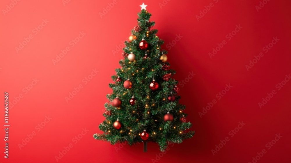 Festive Christmas Tree: A beautifully decorated Christmas tree stands tall against a vibrant red background. Adorned with sparkling ornaments, twinkling lights, and a star atop. Festive Christmas Tree: A beautifully decorated Christmas tree stands tall against a vibrant red background. Adorned with sparkling ornaments, twinkling lights, and a star atop.