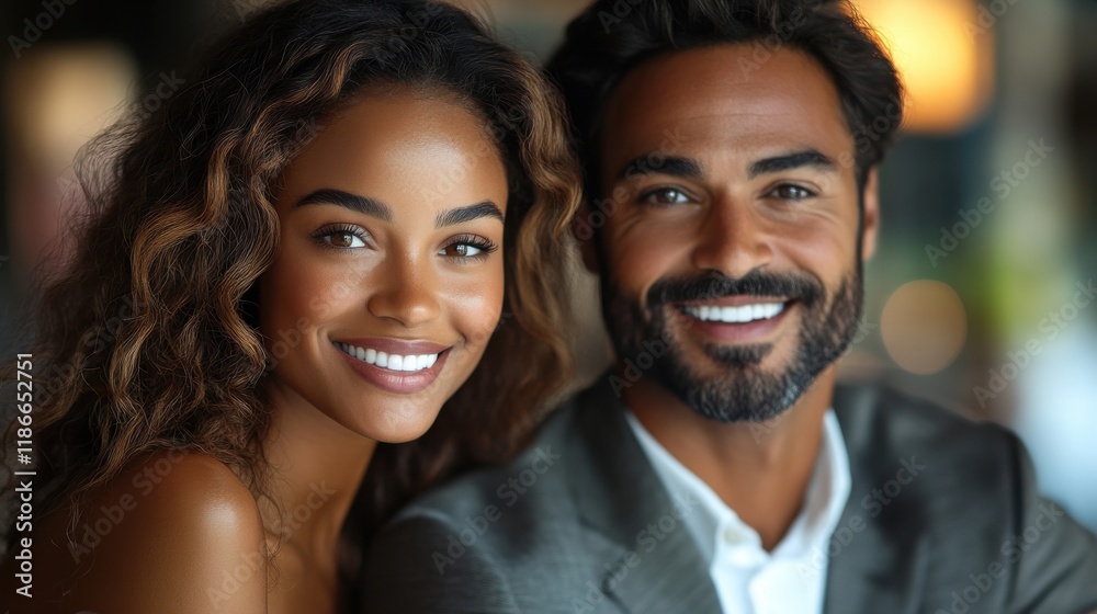 Couple sharing joyful smiles indoors during a casual conversation in a cozy and well-lit setting with elegant decor in the background Couple sharing joyful smiles indoors during a casual conversation in a cozy and well-lit setting with elegant decor in the background