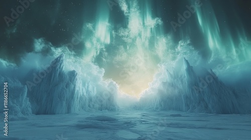 Arctic scenery, vast ice fields, pure white, azure sky, dancing auroras, wide-angle lens, natural light, cool tones, tranquility, mysterious.