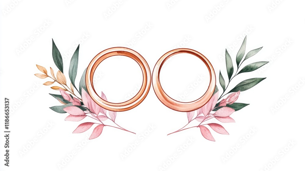 Obraz premium Watercolor wedding rings with floral wreath.