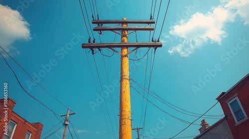 Wallpaper Mural Low angle view of a yellow utility pole with power lines against a bright blue sky and buildings. Torontodigital.ca