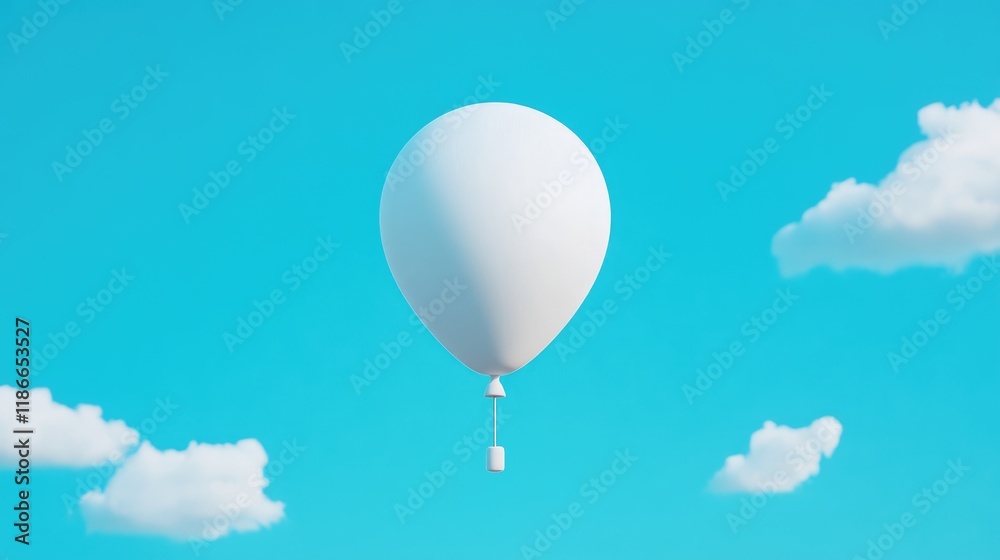 Obraz premium White balloon floats in a vibrant blue sky with fluffy white clouds.