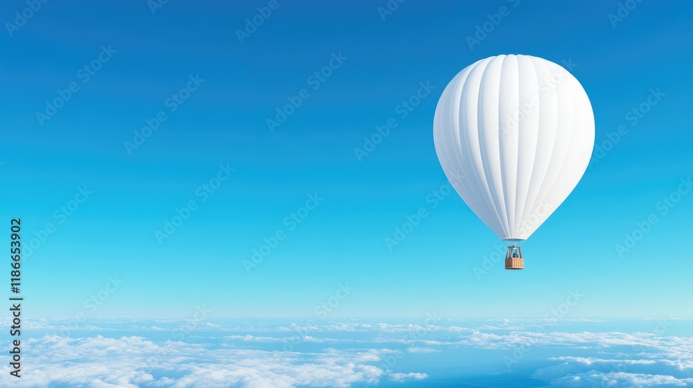 Fototapeta premium White hot air balloon floats above fluffy clouds in a clear blue sky.