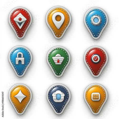 Nine colorful location marker icons with various symbols. photo