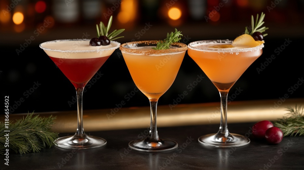 custom made wallpaper toronto digitalA festive trio of craft cocktails garnished with rosemary, cherries, and sugar-rimmed glasses, displayed on a bar counter with warm ambient lighting