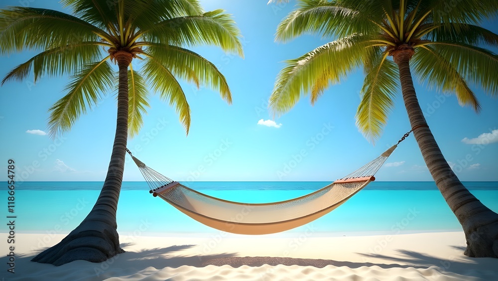 Fototapeta premium A hammock tied between two palm trees with a tropical ocean backdrop