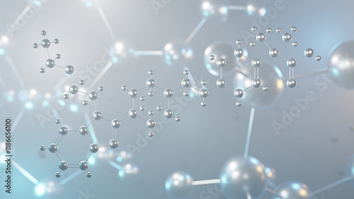 bilastine molecular structure, 3d model molecule, antihistamine, structural chemical formula view from a microscope photo