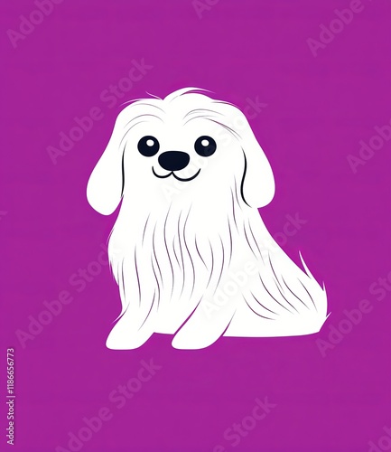 Cute, simple illustration of a white, long-haired dog with thick black lines on a purple background, using simple shapes in a children's book style. photo