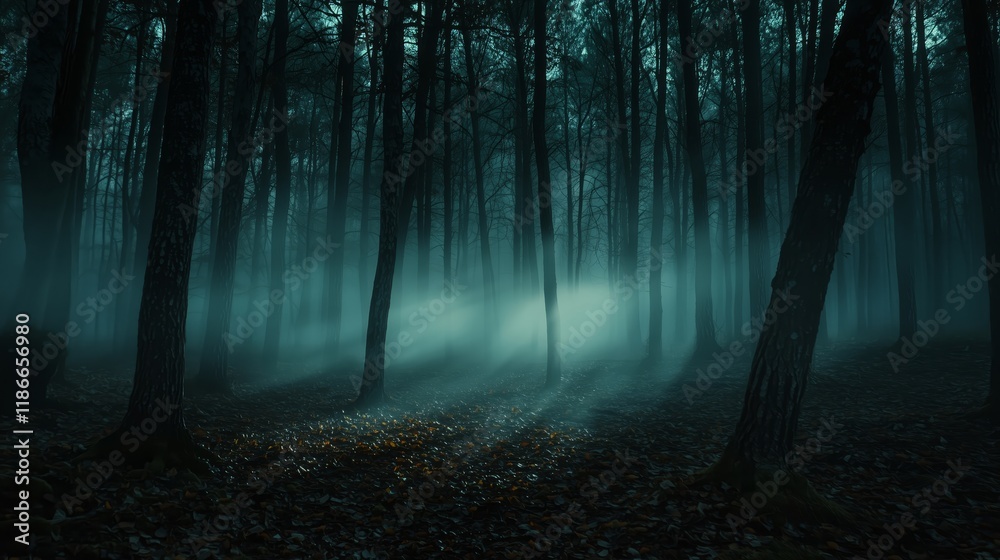 Obraz premium Mystical Forest Scene with Fog and Light Rays in Deep Woods
