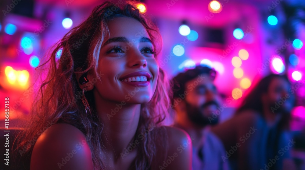 A woman with curly hair smiles brightly while enjoying time with friends. The space is filled with colorful lights, creating a joyful and lively ambiance at night. A woman with curly hair smiles brightly while enjoying time with friends. The space is filled with colorful lights, creating a joyful and lively ambiance at night.