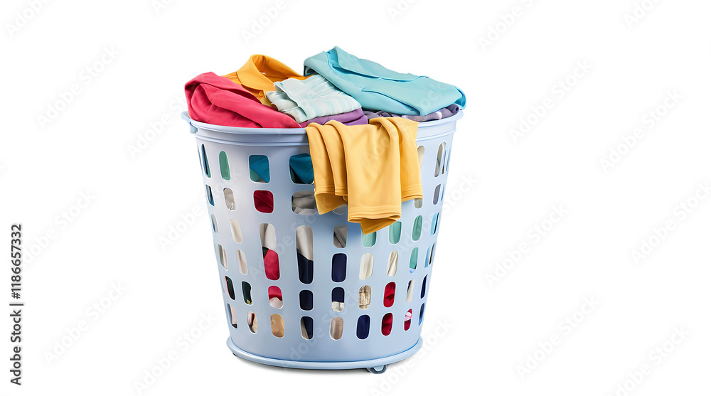 Fototapeta premium Laundry Day Essentials: A blue plastic laundry basket overflowing with colorful clothes, ready for a fresh start.
