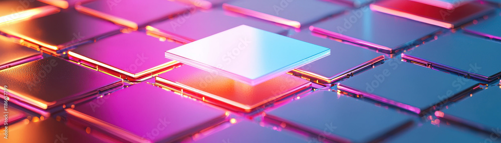 vibrant array of glowing tiles with central highlighted square, showcasing modern design vibrant array of glowing tiles with central highlighted square, showcasing modern design