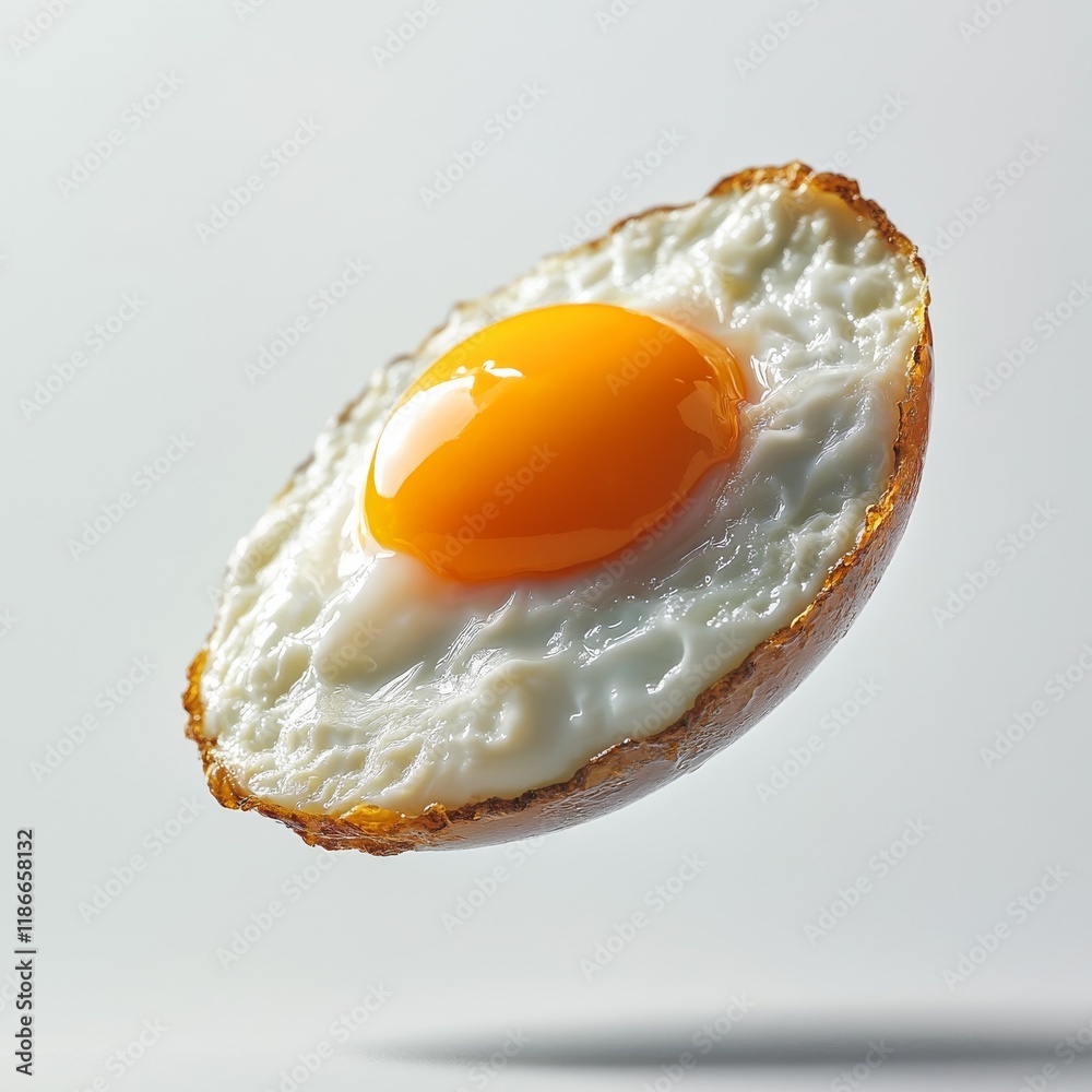 Food photo of egg floating in air, white background, studio light