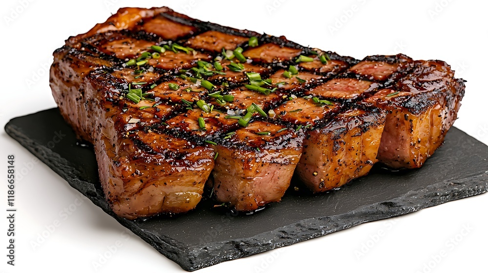 Grilled steak on black slate, closeup. Grilled steak on black slate, closeup.