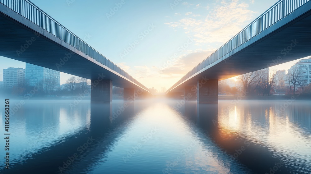 Obraz premium Serene Morning Reflections Under Bridges at Dawn Over Calm Water