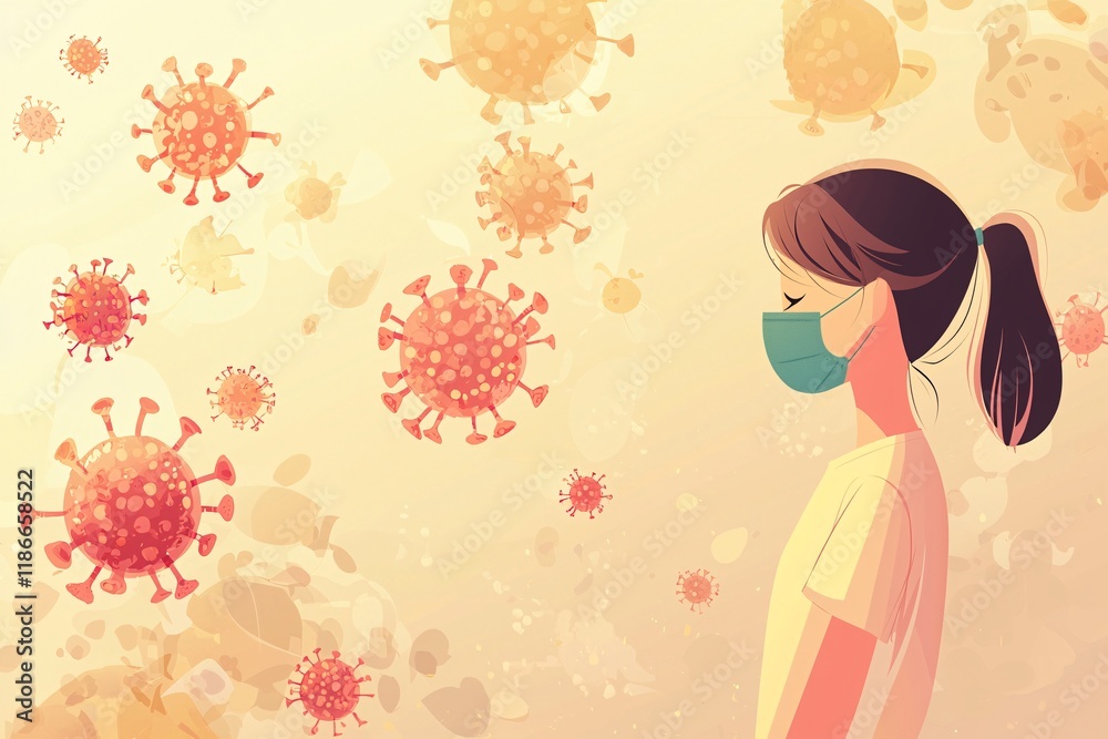 Young Woman Wearing Protective Face Mask Amidst Virus Particles Illustration