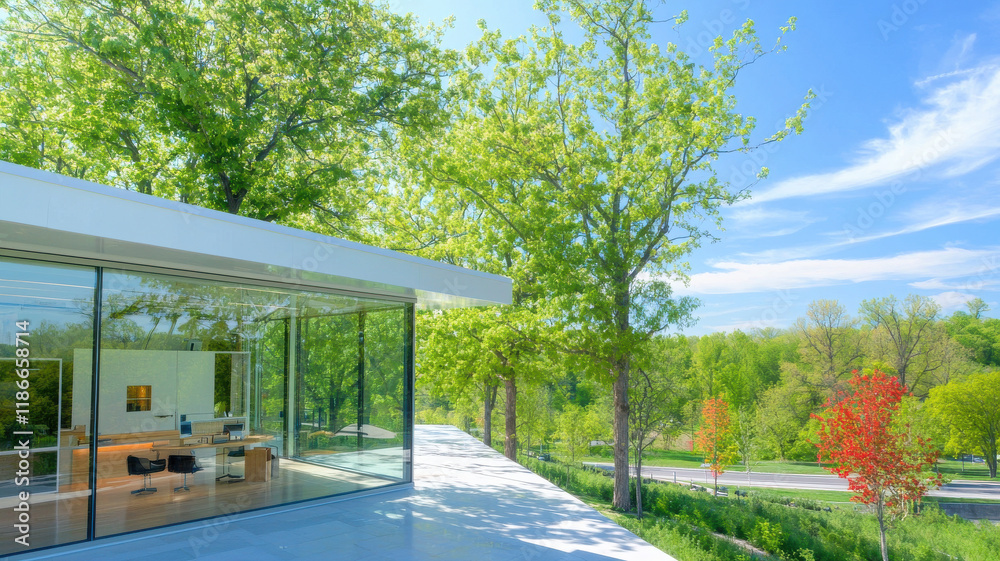 Modern corporate building surrounded by lush trees and greenery, showcasing bright and inviting atmosphere Modern corporate building surrounded by lush trees and greenery, showcasing bright and inviting atmosphere